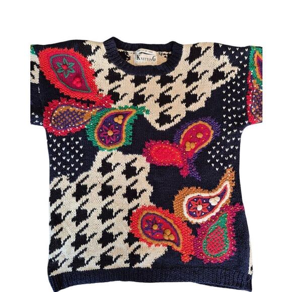 VTG 80s Sweater Knitting Needles Sz L Houndstooth Paisley Sweater Navy - Picture 2 of 8
